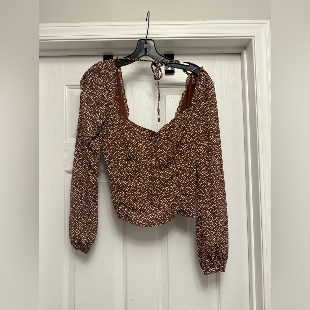 Abercrombie & Fitch Brown Crop Top Long Sleeve Polka Dot Tie Back Size Small